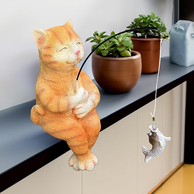 Garden Funny Orange Cat Pond Statue - 11" Cat Fishing Poolside Decor, Animals Outdoor Statue