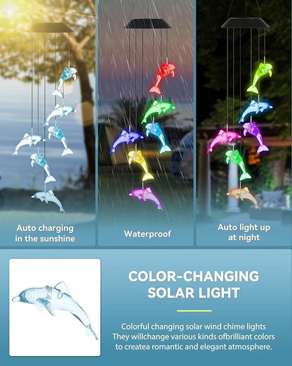 DOUBLEZHE Solar Wind Chimes for Outside, Color Changing Dolphin Wind Chime Outdoor Clearance, Birthday Gifts for Mom Women Grandma Wife Girls, Unique Garden Decor Colorful Patio Yard Party Decoration
