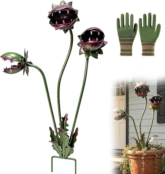 Whimsical Metal Carnivorous Plant Garden Stake, Whimsical Garden Decor, Three Dramatic Open-Mouth Blooms, Yard Art for Flower Beds, Patios & Planters, Unique Quirky