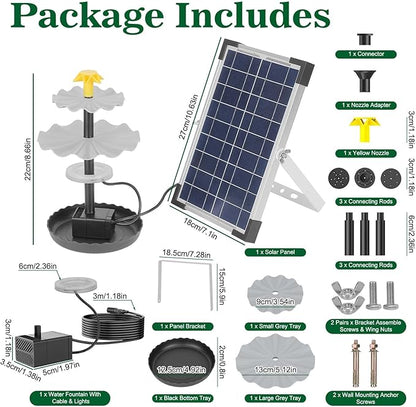 Solar Water Fountain, 6W Solar Bird Bath Fountain Pump with Color LED Lights, 3 Interchangeable Nozzles & Easy Installation, Solar Powered Fountain for Garden, Bird Bath, Patio, Yard, Pond