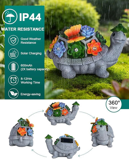 7 Inch Solar Turtle Garden Statue with Butterfly, Succulent & LED Lights, Lawn Ornament for Yard Patio Porch Balcony, Outdoor Decor Figurine - Gifts for Mom Grandma Women
