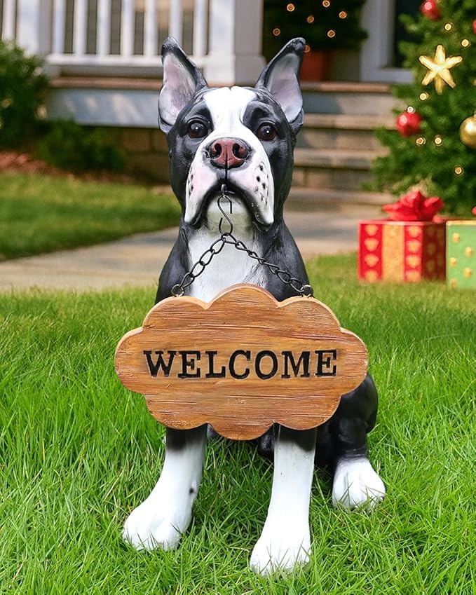 Boston Terrier Dog Garden Statue with Solar Lantern and Double-Sided Welcome Sign, Large Realistic Resin Dog Figurine Outdoor Decor, Waterproof Pet Memorial Sculpture for Yard, Porch, Gift for Family