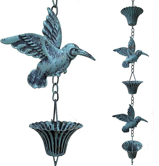 Rain Chain 8.5FT, Hummingbird and Cup Rain Chains for Gutters, Functional Replacement for Downspout, Metal Rainwater Catcher Chain, Outdoor Garden Decor, Antique Blue