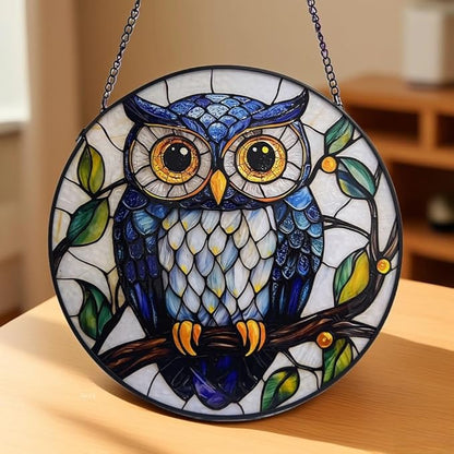 Owl Stained Glass Window Hanging Sun Catcher - Handmade Glass Window/Home Decor,Owl Gifts for Women Sun Catchers Hangings Birds Suncatcher Decor for Birthday for Women Men