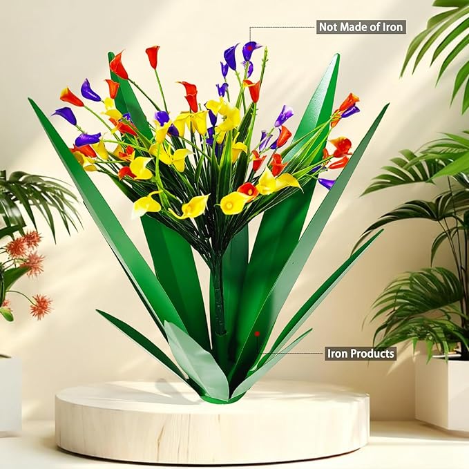 DDQ Metal Agave Plant Outdoor Decor with Artificial Flowers, Mexican Style Garden Sculpture, Waterproof Yard Art for Patio Lawn, Multiple Flower Options (Green Agave + Sunflower/Red/Yellow/Purple)
