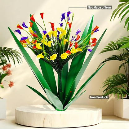 DDQ Metal Agave Plant Outdoor Decor with Artificial Flowers, Mexican Style Garden Sculpture, Waterproof Yard Art for Patio Lawn, Multiple Flower Options (Green Agave + Sunflower/Red/Yellow/Purple)