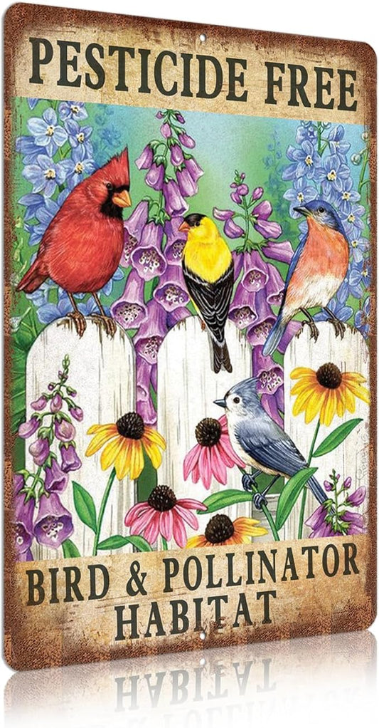 Vintage Garden Signs pesticide free bird & pollinator habital Retro Yard Metel Tin Signs outdoor Aluminium Wall Decor