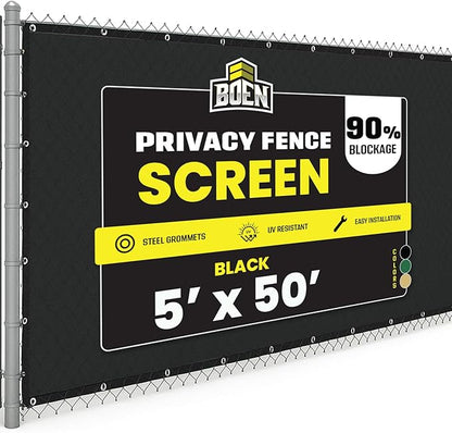 Boen - Backyard Privacy Screen Fence Covering 5' x 50' - Black - Instant Outdoor Privacy Fence Screen for Any Metal, Chain Link, Wood Panels or Plastic Fencing - Shade & Block Wind Privacy Wall