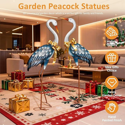 Kircust Outdoor Blue Heron Statues Metal Garden Crane Sculptures, Bird Yard Art Large 47-48 Inch, Set of 2, for Pond & Lawn Garden Decor, Gifts for Women, Men, Friends