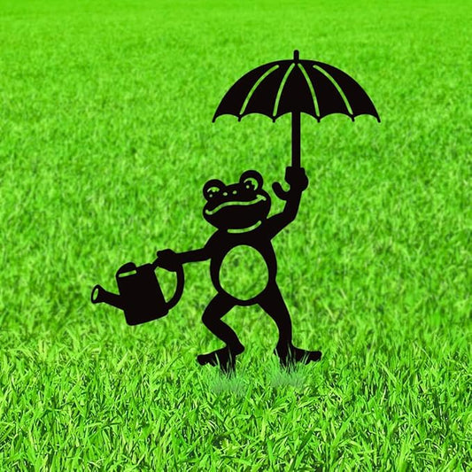 WADORN Watering Frog with Umbrella Decorative Silhouette Garden Stakes, Metal Frog Animals Stakes Statues Ornaments Lovers Gifts Yard Art Black Silhouette Yard Outside Decor, 10.2x14.2 Inch