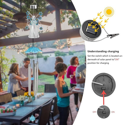 Solar Angel Wind Chimes - Outdoor Garden Decoration, Waterproof Solar Hanging Wind Chimes Lights for Garden, Window, Gazebo, Patio, Gifts for Women (Blue)