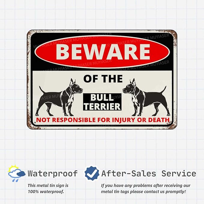 Beware Of The Dog Bull Terrier Sign Aluminum Metal Tin Signs Outdoor Yard Sign Warning Sign For Fence Yard Home Kitchen Farm Garden Wall Decor 8x12 Inch