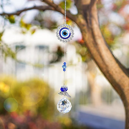 12.7inch Handmade Crystal Angel Suncatcher Hanging Ornament for Christmas Tree Turkish Blue Evil Eye Protection Pendant and Good Luck Charm Gift