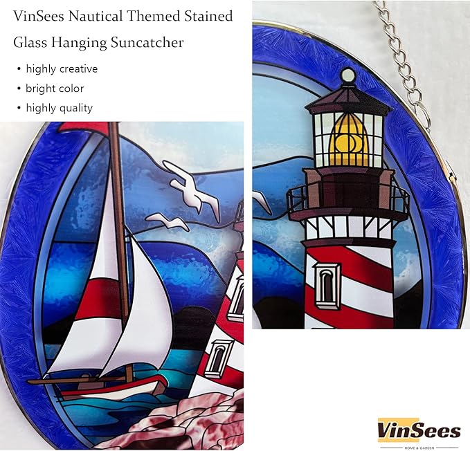 Pigeon Point Lighthouse Stained Glass Window Hanging, Suncatcher Home Decor with Chains, Suncatcher for Windows, Colorful Glass Ornament, Indoor Outdoor Home Decor Garden Decoration