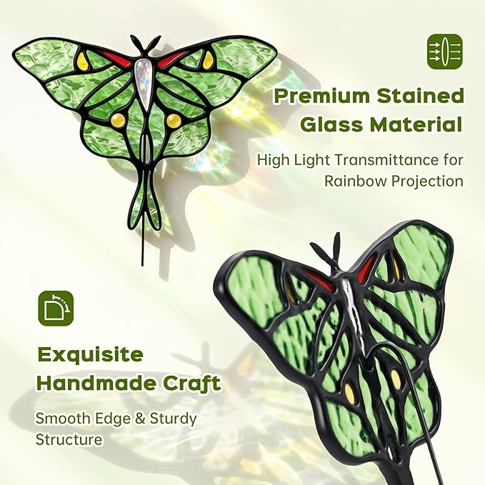 Luna Moth Sun Catcher Stained Glass - IDEA SHOW Handmade Real Glass Suncatcher Ornaments, Elegant Green Butterfly Memorial Gifts Design for Indoor and Outdoor Plant Decoration, Plant Lovers Gifts