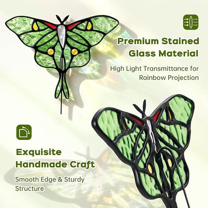 Luna Moth Sun Catcher Stained Glass - IDEA SHOW Handmade Real Glass Suncatcher Ornaments, Elegant Green Butterfly Memorial Gifts Design for Indoor and Outdoor Plant Decoration, Plant Lovers Gifts