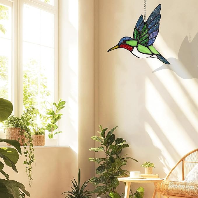 Hummingbird Stained Glass Suncatcher for Window Hanging Handmade Colorful Glass Bird Sun Catcher for Indoor Outdoor Decor,Ruby Throated Hummingbird Gift for Women,Mom,Nature Lovers