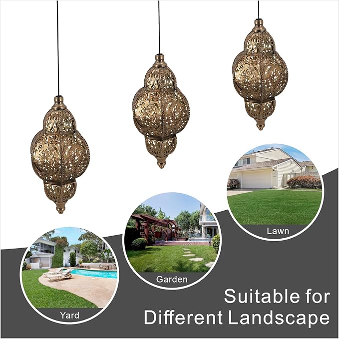 Hanging Solar Lights Garden Lights Metal Moroccan Lamp Waterproof for Outdoor Hanging Decor Yard Backyard Garden Decorative (2 Pack, Bronze)