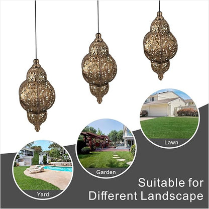 Hanging Solar Lights Garden Lights Metal Moroccan Lamp Waterproof for Outdoor Hanging Decor Yard Backyard Garden Decorative (2 Pack, Bronze)