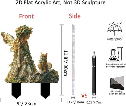 Flower Fairy Garden Stake Decor, 2D Flat Acrylic Elf Garden Sign with Stake, Fairy with Magic Sign for Indoor Outdoor Yard Lawn Balcony Pot Plants (Flower Fairy and Cat)