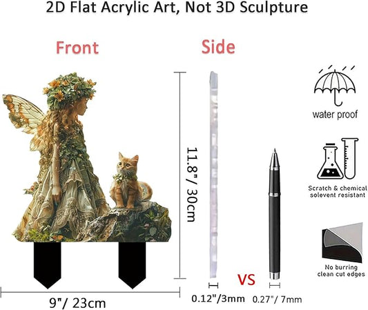 Flower Fairy Garden Stake Decor, 2D Flat Acrylic Elf Garden Sign with Stake, Fairy with Magic Sign for Indoor Outdoor Yard Lawn Balcony Pot Plants (Flower Fairy and Cat)