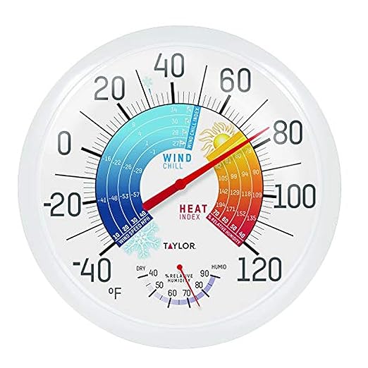 Taylor Wind Chill/Heat Index Thermometer & Hygrometer, Indoor Outdoor Wireless Thermometer with Easy to Read Large Numbers for Patio, Pool, and Indoor Areas, 13.25-inch