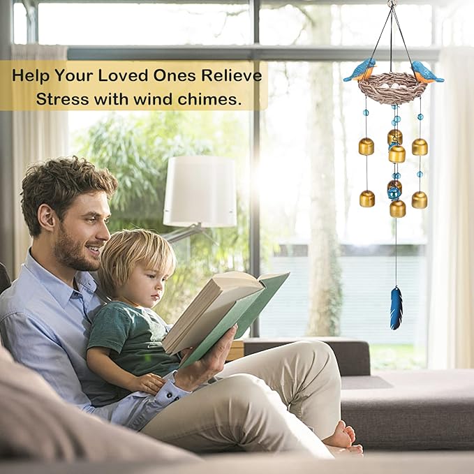 Taman Blue Bird Wind Chime - 27.5" Wind Bell Valentine's Day Gift for Outside Indoor Resin Decorative Metal Bronze Mobile Wind Chime Memorial Sympathy Gift for Home, Outdoor, Yard, Patio,Garden Decor