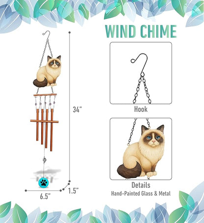CoTa Global Siamese Cat Wind Chime - Handmade Metal and Glass Hanging Decor, Cream and Brown Cat Garden Ornament with Copper Tubes, Paw Accent, Indoor Outdoor Porch Patio Yard Decoration - 34 Inches