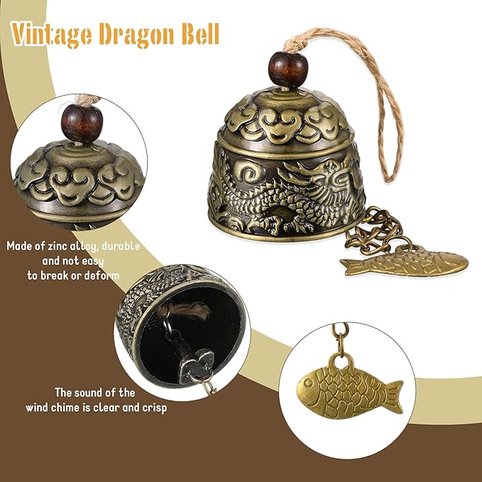3 Pieces Feng Shui Wind Bell Wind Chimes Chinese Metal Bell Vintage Dragon Fish and Elephant Feng Shui Hanging Chime for Good Luck, Safe, Home Garden Patio Hanging Decoration