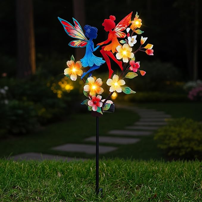 Solar Fairy Garden Stakes - Metal Whimsical Yard Art Decor, Warm LED Lights Waterproof Outdoor Decorative Stakes for Path Patio, Perfect Fairy Gift for Women/Mom(Twin Fairies)