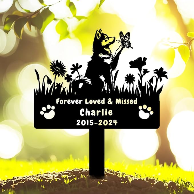 Custom Husky Dog Memorial Grave Marker,Personalized Metal Flora Dog Memorial Stake,Dog Memorial Plaque Burial Stake Engraved Sign,Sympathy Grave Stake for Lost Dog,Dog Statue Headstone