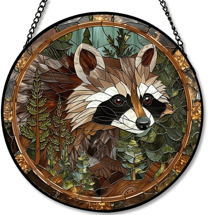 Stained Glass Window Hanging - 6.3in Forest Raccoon with Pines Sun Catchers Indoor Stained Glass Panels Wall Decor for Mom,Wife,Lovers,Festive
