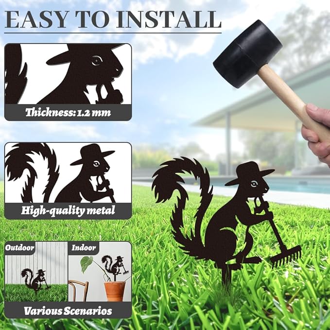 WADORN Squirrel Gardener Metal Decorative Garden Stakes, Black Squirrel Outdoor Statues Silhouette Cute Animal Stakes Ornaments for Yard Art Garden Patio Backyard Lawn Decors Squirrels Lover Gifts