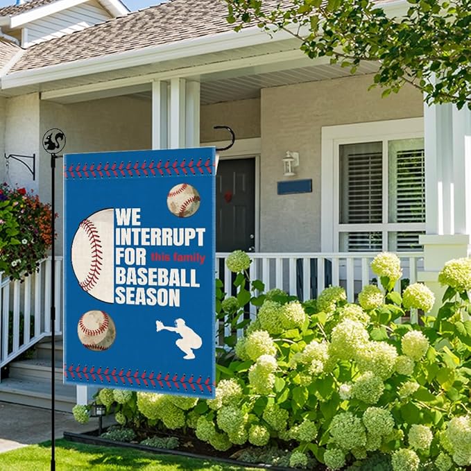 We Interrupt For This Family Baseball Season Fall Garden Flag, Double Sided Farmhouse Lawn Outdoor Decor Yard Flags, Funny Autumn Yard Flag Gifts for Baseball Lovers Families Friends