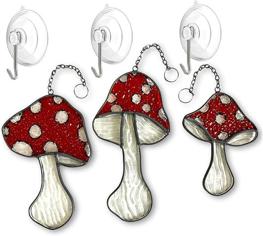 Mushroom Stained Glass Suncatcher Set – 3 Fly Agaric Hand-Painted Toadstool & Moon Window Ornaments – Boho Nature Window Décor for Home, Plant, and Mushroom Lovers