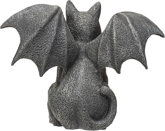 6.75” Faux Stone Gothic Winged Gargoyle Cat Fantasy Garden Charcoal Grey Textured Statue