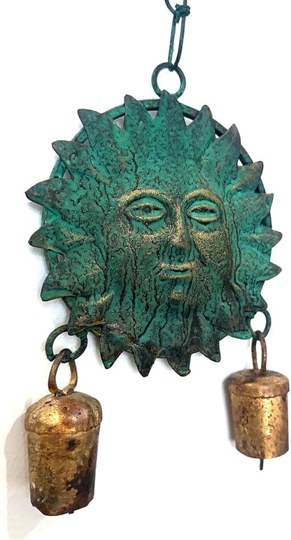Metal Sun Wind Chime with Cow Bells – 12.6" x 4.6", Green Patina & Copper Finish, Celestial Garden Decor for Patio, Porch, or Balcony