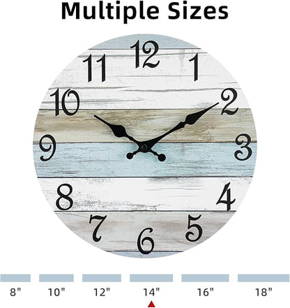 CHYLIN Wall Clock 14 Inch Bathroom Clock, Rustic Wall Clocks Battery Operated, Silent Non Ticking Wooden Coastal Beach Clock for Kitchen, Living Room, Bedroom, Office (White)