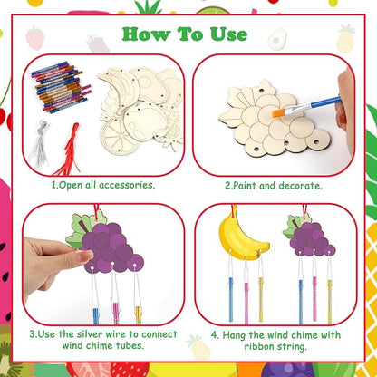 9Pack DIY Wind Chime Kit for Kids, Fruit Theme Wooden Arts and Painting Crafts Hanging Ornaments for Autumn Outdoor Activity Home Garden Patio School Classroom Decor Birthday Party Gift