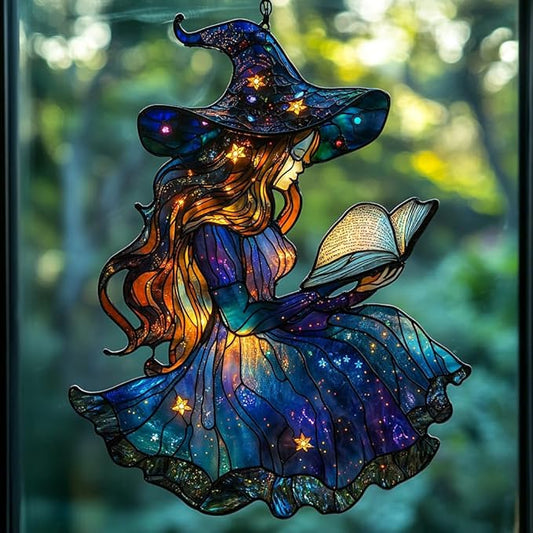 Cute Wizard Reading Books Acrylic Suncatcher Stained Glass Effect Window Car Hanging Christmas Ornament Indoor Outdoor Decor Garden Sun Catcher Panel for Book Lover for Women Mom Grandma