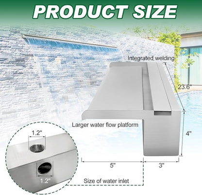 LONGRUN 60cm Pond Waterfall Blade,Stainless Steel Pool Fountain with RGB Bluetooth LED Light, Complete Waterfall & Stream Kits for Outdoor Water Features