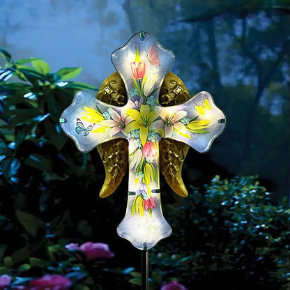 WAIU Solar Cross Garden Stake Lights,Metal Angel Wing & Acrylic Flowers Cross Solar Christmas Lights Outdoor,Waterproof Memorial Garden Decor for Remembrance Gifts & Sympathy Gifts.