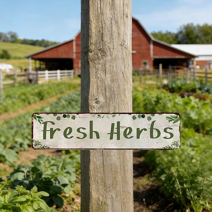 Herb Garden Signs for Outside Funny Gardening Metal Tin Sign Rustic Outdoor Fresh Herbs Sign for Farm Yard Herb Garden Home Wall Art Decor, Weatherproof Metal Garden Signs for Outside 4×16 Inch