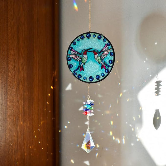 Stained Glass Hummingbird Suncatcher with Crystal Prism, Colorful Crystal Suncatcher for Home, Garden, and Patio, Window Ornament, Birthday Gift
