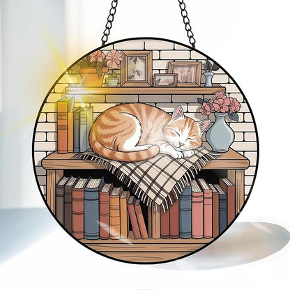 VAIIEYO Cat Sun Catcher Stained Glass Window Hanging Ornament, Handmade Bookshelf Sun Catcher Animal Decoration with Hooks for Window Garden Home, Mother's Day & Birthday Housewarming Gift (7.8 inch)