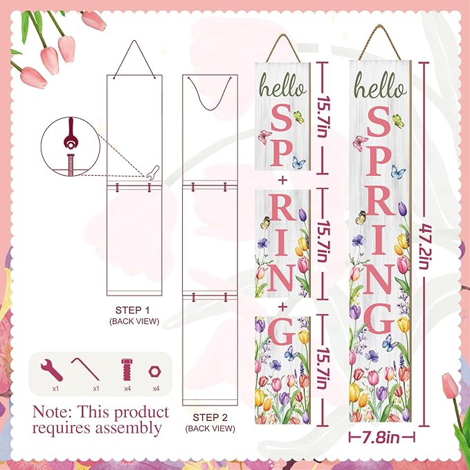 Hello Spring Porch Sign, Flower Butterfly Sign for Front Porch, Pink Tulip Wooden Sign Yard, Vertical Wood Sign Standing for Patio Front Door Porch, Farmhouse Holiday Home Party Entryway Yard Wall Decor Indoor Outdoor, 47x8 inch