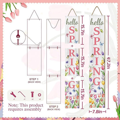 Hello Spring Porch Sign, Flower Butterfly Sign for Front Porch, Pink Tulip Wooden Sign Yard, Vertical Wood Sign Standing for Patio Front Door Porch, Farmhouse Holiday Home Party Entryway Yard Wall Decor Indoor Outdoor, 47x8 inch