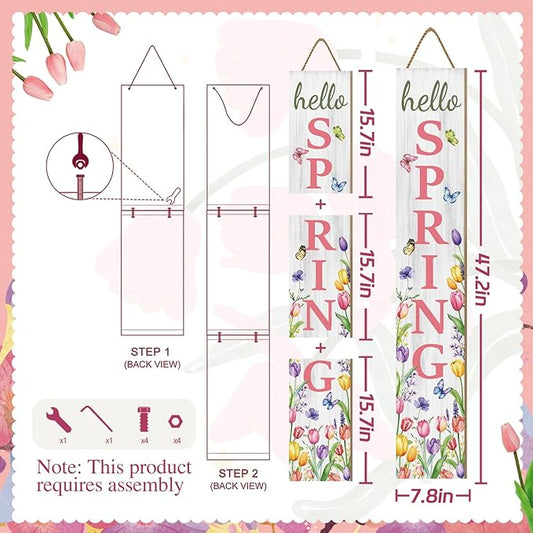 Hello Spring Porch Sign, Flower Butterfly Sign for Front Porch, Pink Tulip Wooden Sign Yard, Vertical Wood Sign Standing for Patio Front Door Porch, Farmhouse Holiday Home Party Entryway Yard Wall Decor Indoor Outdoor, 47x8 inch