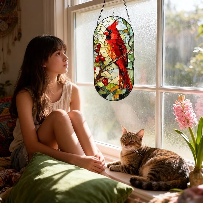 Stained Glass Window Hanging, Red Parrot Birds Sun Catcher for Wall Nursery Window Door Garden Party Holiday Kitchen Living Room Office Decoration, Gifts for Women, Daughter, Day Birthday