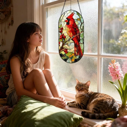 Stained Glass Window Hanging, Red Parrot Birds Sun Catcher for Wall Nursery Window Door Garden Party Holiday Kitchen Living Room Office Decoration, Gifts for Women, Daughter, Day Birthday
